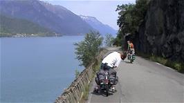 Riding the old road beyond Tyssedal around the Oksla tunnel, 5.3 miles into the ride
